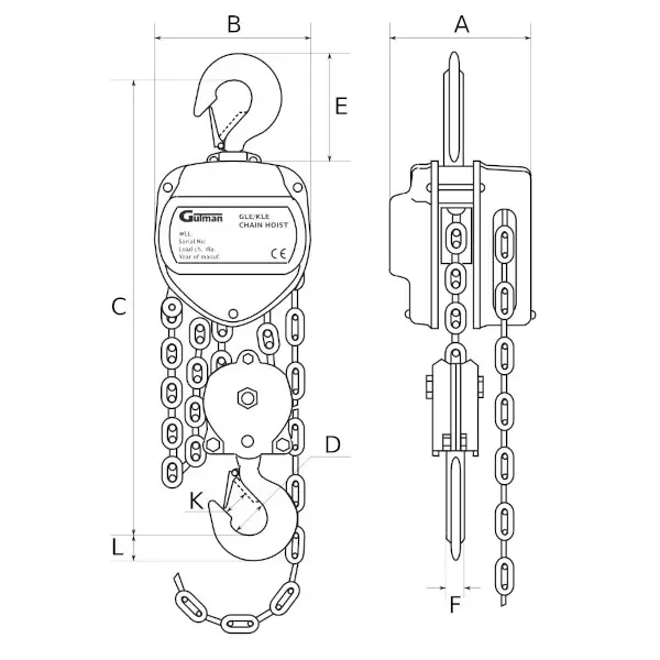 Ročno verižno dvigalo GLE 2T 3T 5T dimenzije Ročno verižno dvigalo GLE 2T 3T 5T dimenzije