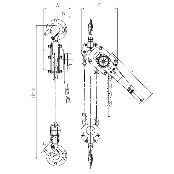 Verižno dvigalo z ročico GBE 6T dimenzije Verižno dvigalo z ročico GBE 6T dimenzije