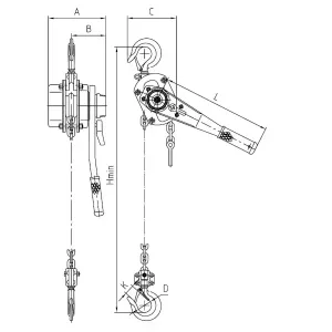Verižno dvigalo z ročico GBE 750kg 1T 3T dimenzije